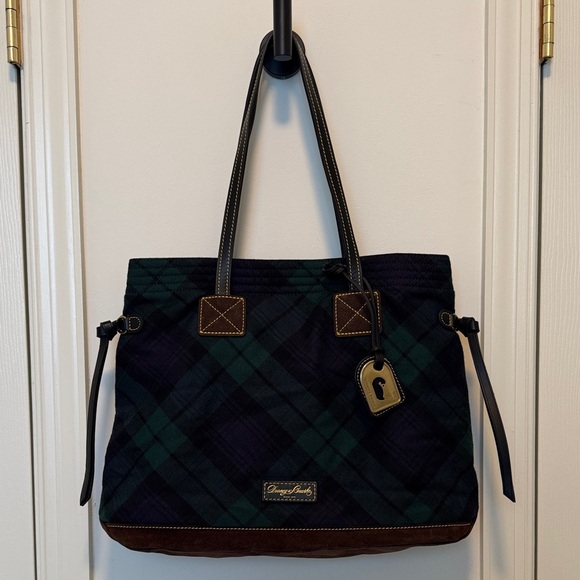 Dooney & Bourke Tartan Plaid Tote – Green & Navy with Leather Trim - Picture 1 of 12